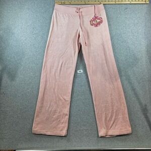 Juicy Couture Pink Velour Track Pants Small Glitter Logo Wide Leg Y2K Loungewear